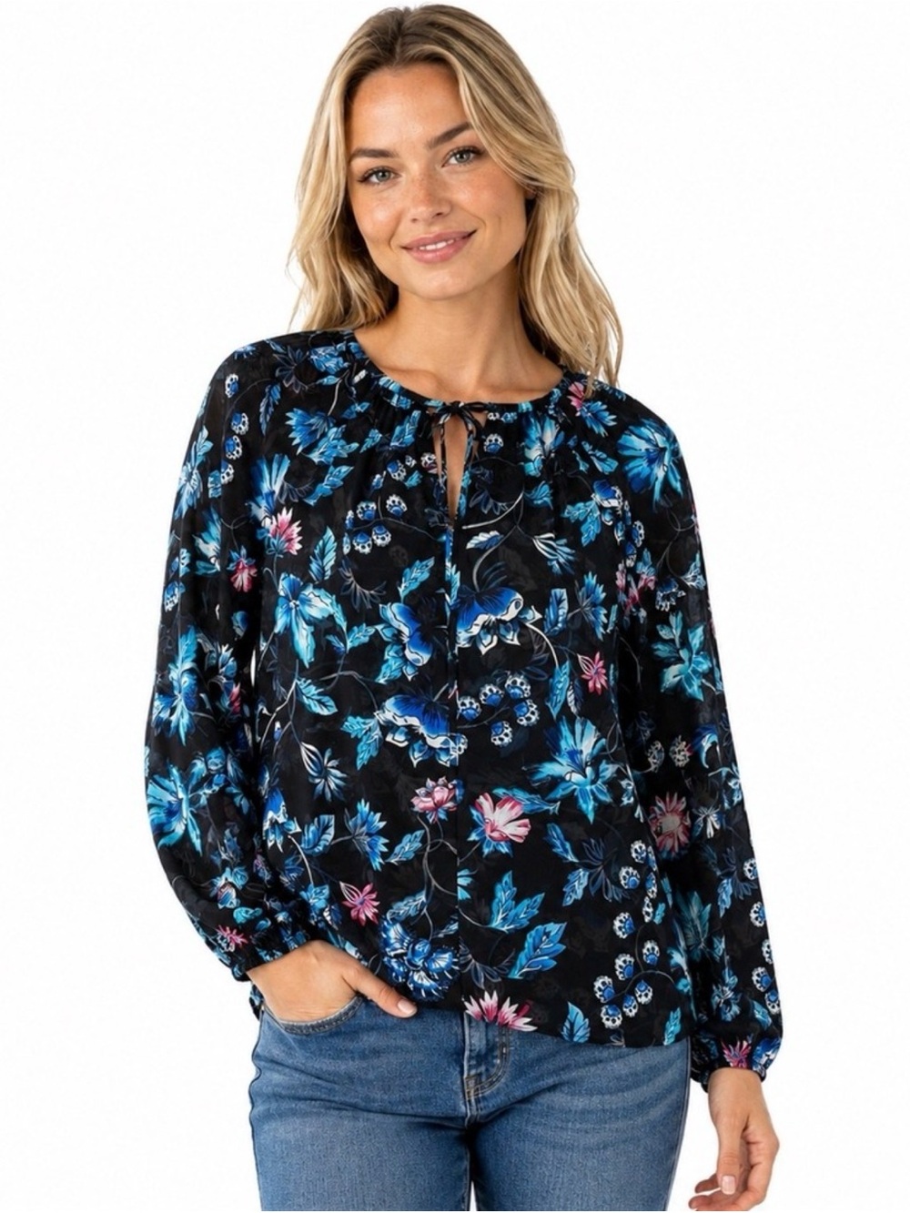 WHITE HOUSE BLACK MARKET 🖤BLACK WITH WILD FLOWERS SHEER BLOUSE🖤 SIZE 0 🌟NWT🌟